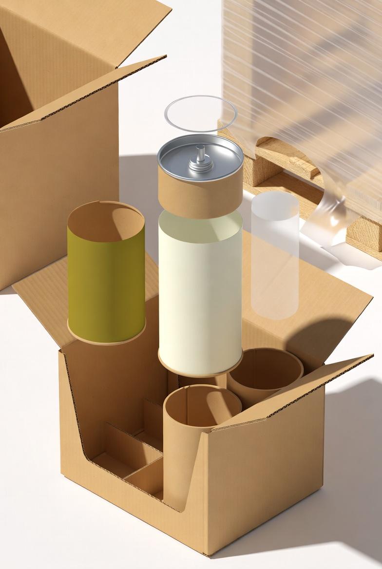 CircuOil olive oil packaging — exploded view showing all 8 packaging components: paper tube, metal lid, PE liner, label, tamper seal, display box, shipping carton, and stretch wrap